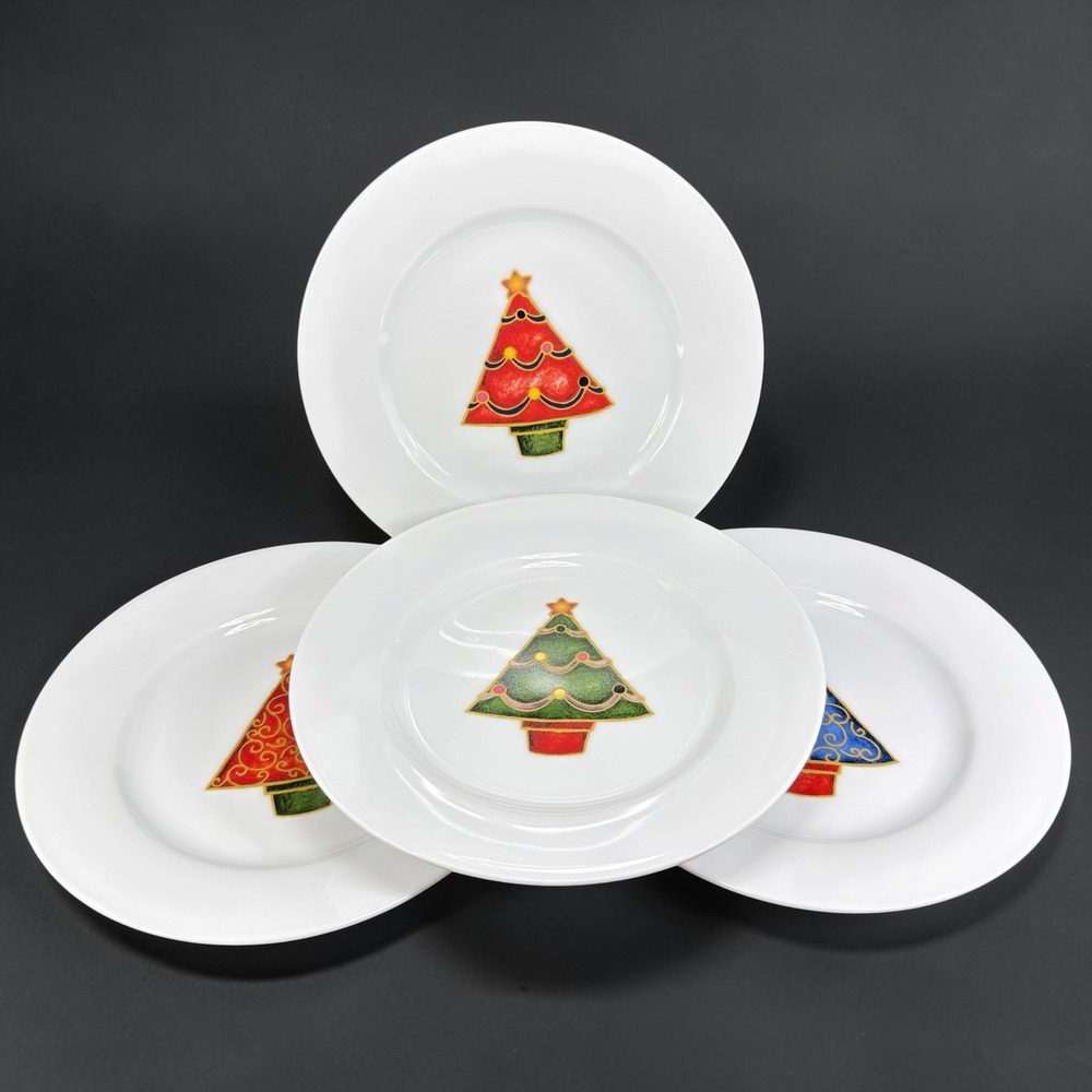Fitz and Floyd Gourmet O Christmas Tree Salad Dishes Plates Set of 4 8inch VTG